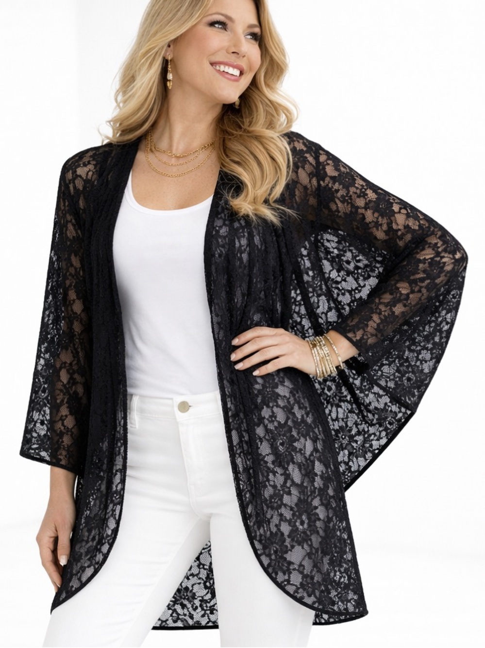 3/4 length Black lace rose pattern cardigan / semi sheer pleated front and back